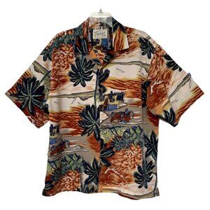 RESERVOIR Hawaiian Style Men's Button Shirt Large Palm Trees Tropical Beach NWOT